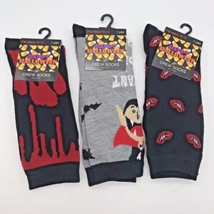 Halloween 3 Pack Black Gray Crew Socks Men's size 10-13 Blood Vampire Bats NEW